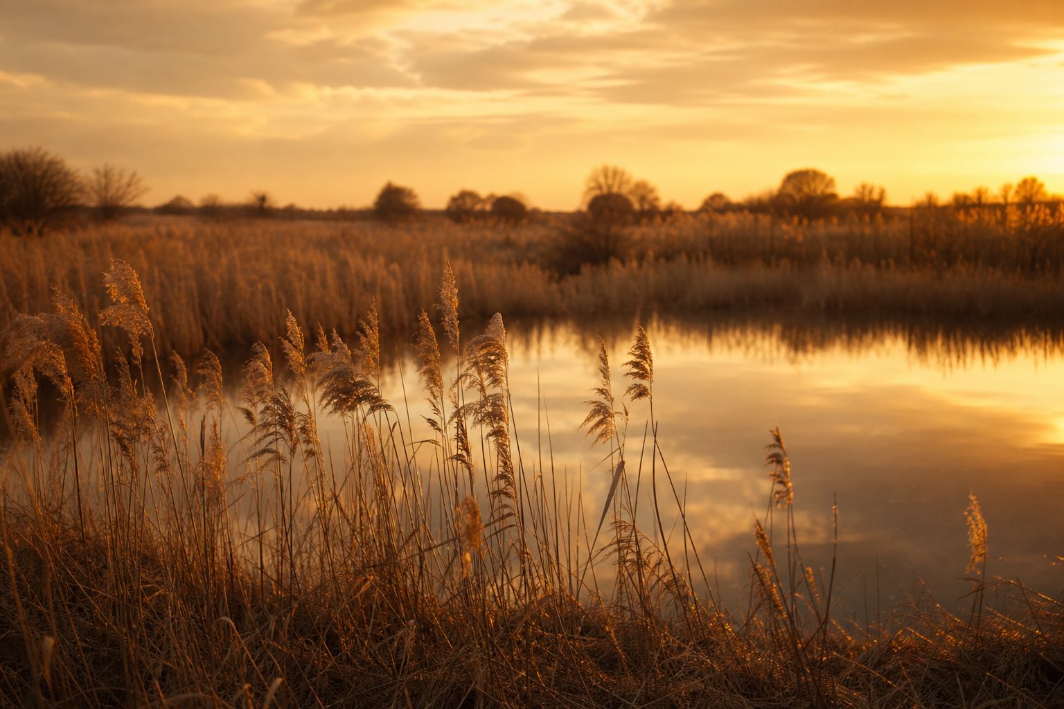 Schilf und Wasser im bernsteinfarbenen Abendlicht