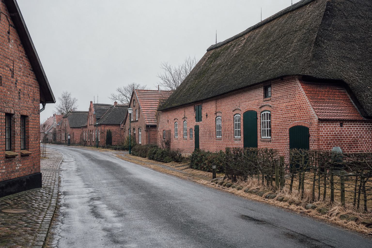 Backsteinhäuser an einer ruhigen Dorfstraße unter weichem Licht