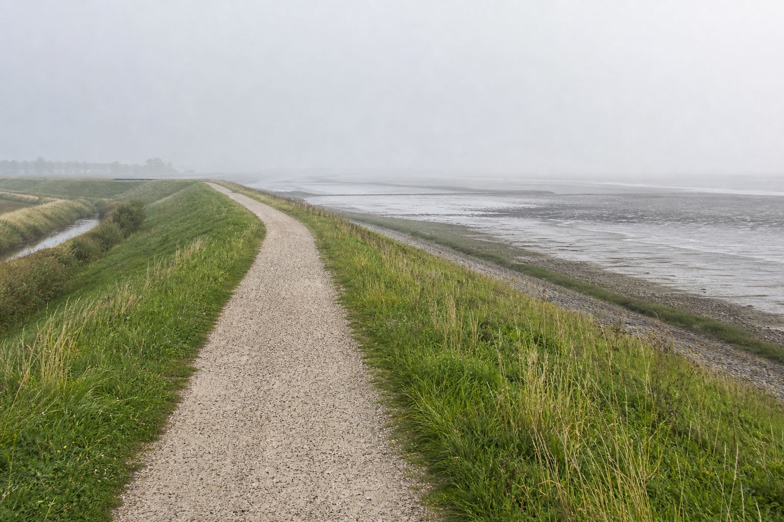 Radweg entlang eines Deichs im weichen Licht
